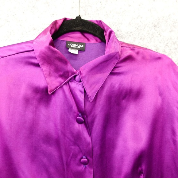 Vintage Purple Satin Button Up Shirt Womens L Magenta Retro 70s USA Made JOSHUA - Picture 8 of 13